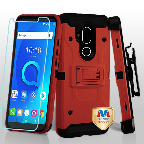 MyBat 3-in-1 Kinetic Hybrid Protector Cover Combo (with Black Holster)(Tempered Glass Screen Protector) for Alcatel 7 Folio / T-Mobile Revvl 2 Plus- Red / Black