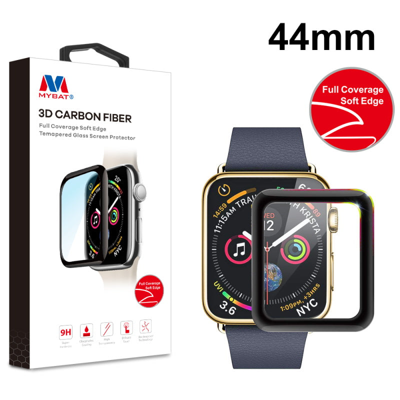 MyBat 3D Carbon Fiber Full Coverage Soft Edge Tempered Glass Screen Protector for Apple Watch Series 4 44mm/Watch SE 44mm / Watch Series 6 44mm - Black