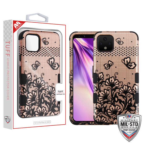 MyBat TUFF Series Case for Google Pixel 4 XL - Black Lace Flowers (2D Rose Gold) / Black