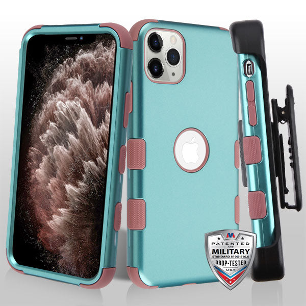 MyBat TUFF Series Case (with Black Horizontal Holster) for Apple iPhone 11 Pro Max - Aquamarine / Red Wood