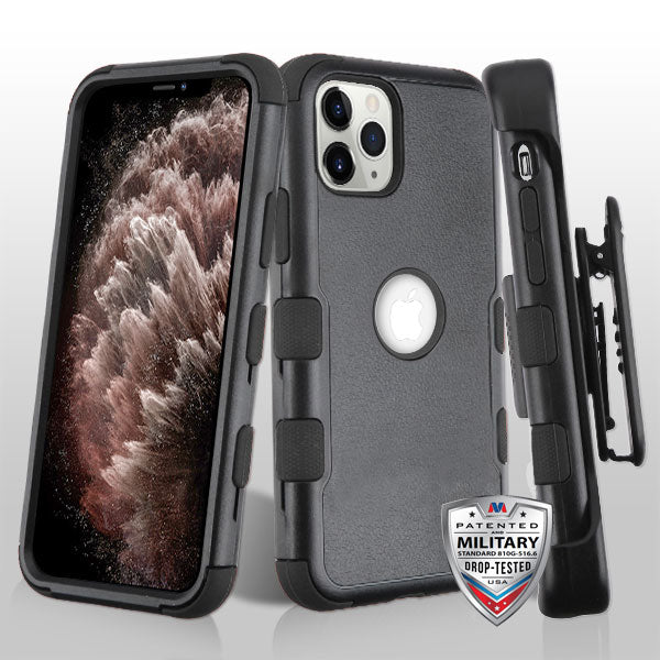 MyBat TUFF Hybrid Protector Case Combo [Military-Grade Certified](with Black Horizontal Holster) for Apple iPhone 11 Pro Max - Natural Black / Black