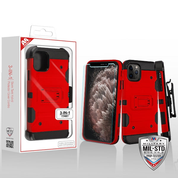MyBat 3-in-1 Storm Tank Hybrid Protector Cover Combo (with Black Holster)(Tempered Glass Screen Protector)[Military-Grade Certified] for Apple iPhone 11 Pro Max - Red / Black