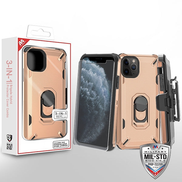 MyBat 3-in-1 Brigade Hybrid Protector Cover Combo (with Black Holster)(with Ring Stand)(Tempered Glass Screen Protector) for Apple iPhone 11 Pro - Rose Gold / Black
