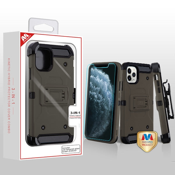 MyBat 3-in-1 Kinetic Hybrid Protector Cover Combo (with Black Holster)(Tempered Glass Screen Protector) for Apple iPhone 11 Pro - Dark Grey / Black