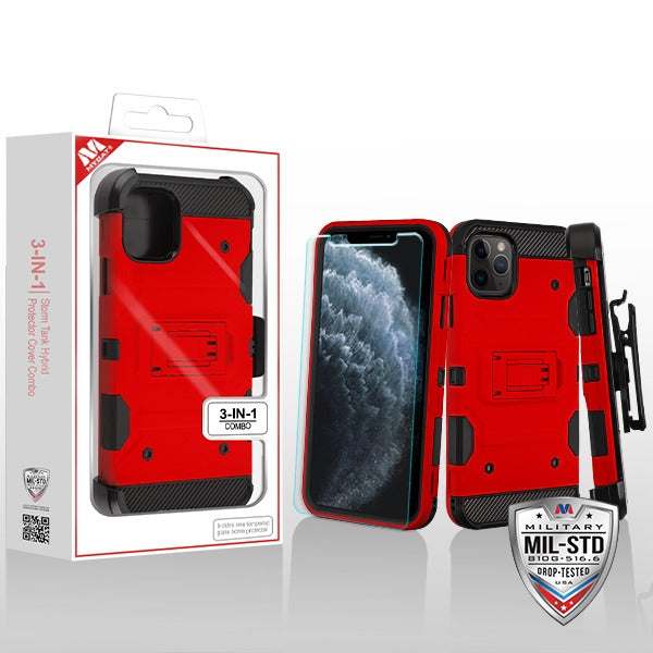 MyBat 3-in-1 Storm Tank Hybrid Protector Cover Combo (with Black Holster)(Tempered Glass Screen Protector)[Military-Grade Certified] for Apple iPhone 11 Pro - Red / Black