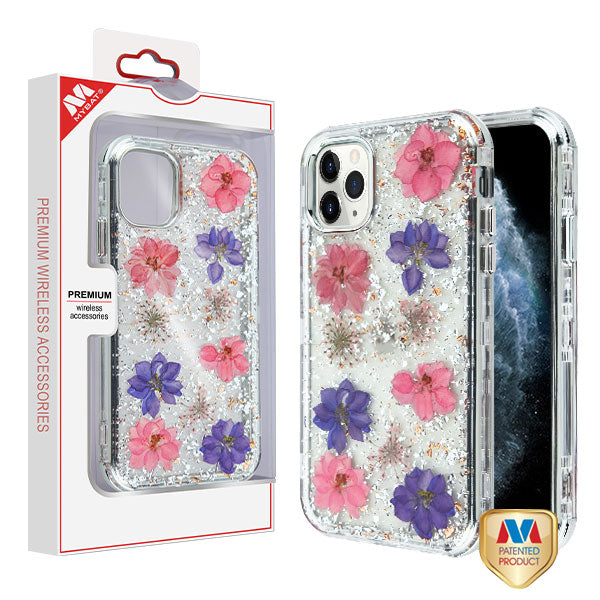 MyBat TUFF Kleer Hybrid Case for Apple iPhone 11 Pro - Pink and Purple Flowers & Silver Flakes / Electroplating Silver Real Flowers