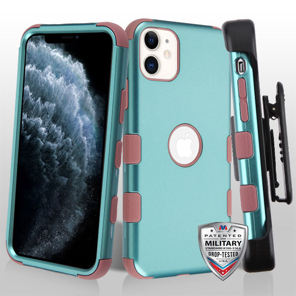 MyBat TUFF Series Case (with Black Horizontal Holster) for Apple iPhone 11 - Aquamarine / Red Wood