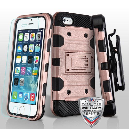 MyBat 3-in-1 Storm Tank Hybrid Protector Cover Combo (with Black Holster)(Tempered Glass Screen Protector)[Military-Grade Certified] for Apple iPhone 5s/5 / SE - Rose Gold / Black