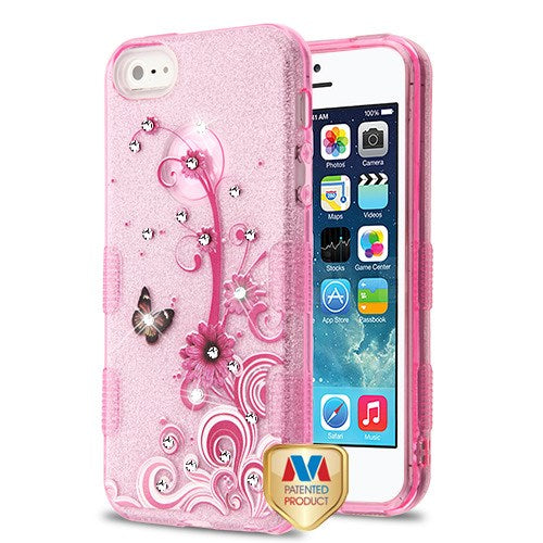 MyBat Full Glitter TUFF Series Case for Apple iPhone 5s/5 / SE - Butterfly Flowers (Pink) Diamante