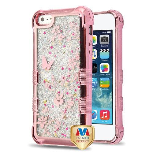 MyBat TUFF Quicksand Glitter Lite Hybrid Protector Cover for Apple iPhone 5s/5 / SE - Rose Gold Electroplating / Butterflies in Spring Flowers / Silver Flowing Sparkles