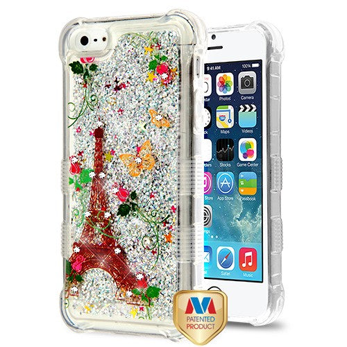 MyBat TUFF Quicksand Glitter Lite Hybrid Protector Cover (with Diamonds) for Apple iPhone 5s/5 / SE - Paris Monarch Butterflies / Silver Flowing Sparkles