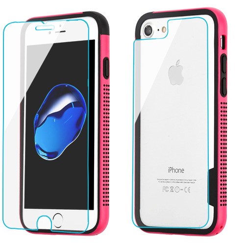 MyBat 3-in-1 Surround Shield Combo for Apple iPhone 8/7 / SE (2020) - Hot Pink / Black Surround Shield + Tempered Glass Screen Protectors(front + back)