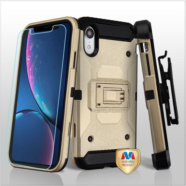 MyBat 3-in-1 Kinetic Hybrid Protector Cover Combo (with Black Holster)(Tempered Glass Screen Protector) for Apple iPhone XR - Gold / Black
