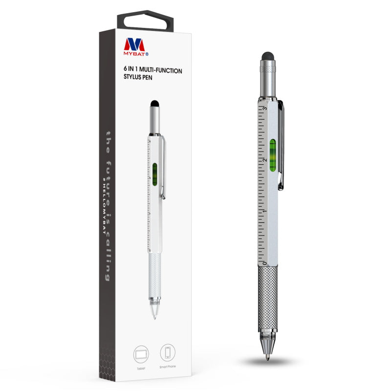 MyBat 6 in 1 Multi-function Stylus Pen (with Ballpoint Pen & Two End Screwdrivers & Level Scale) - Silver