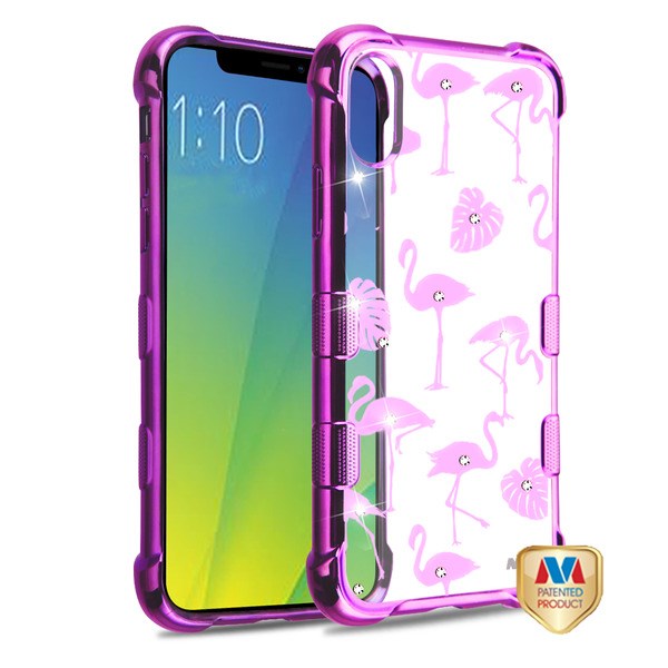 MyBat TUFF Klarity Candy Skin Cover (with Package) for Apple iPhone XS/X - Purple Plating & Flamingo Land Diamante