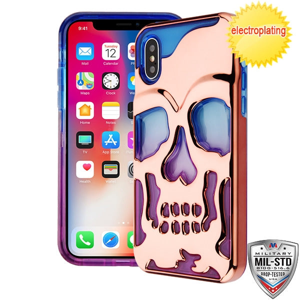 MyBat Skullcap Lucid Hybrid Protector Cover [Military-Grade Certified] for Apple iPhone XS/X - Rose Gold Plating / Blue / Purple