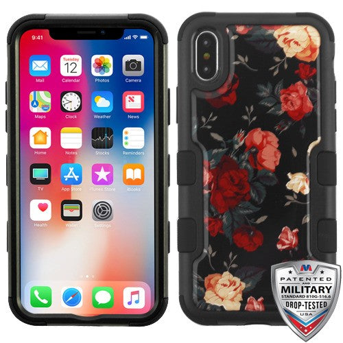 MyBat TUFF Krystal Gel Hybrid Protector Cover [Military-Grade Certified] for Apple iPhone XS/X - Black and White Roses (Natural Black) / Black