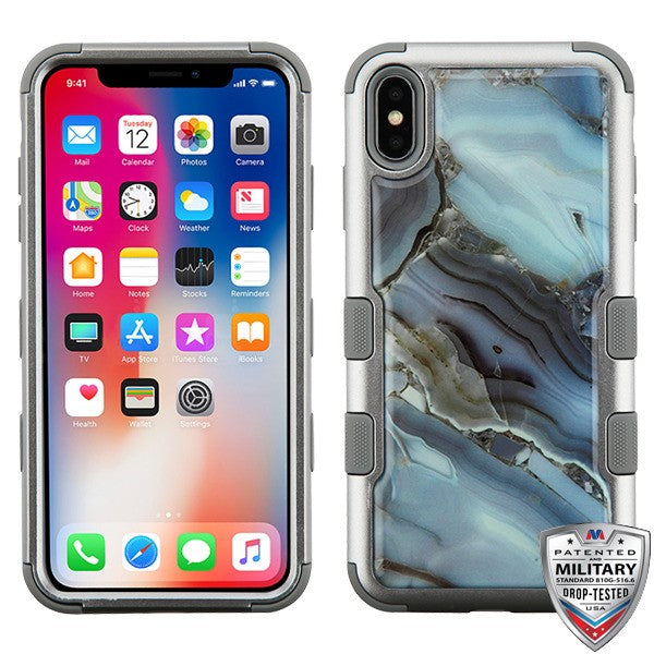 MyBat TUFF Krystal Gel Hybrid Protector Cover [Military-Grade Certified] for Apple iPhone XS/X - Blue Agate Marble (Copper Grey) / Iron Gray