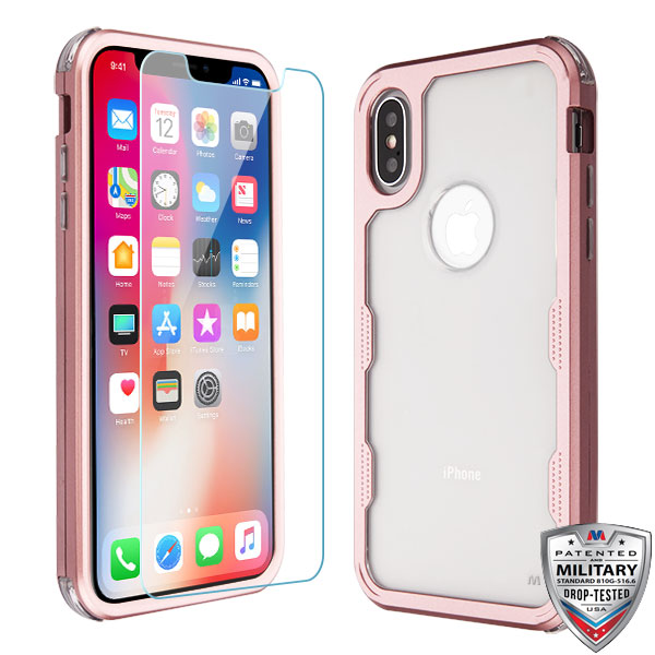 MyBat TUFF Lucid Plus Hybrid Protector Cover (Tempered Glass Screen Protector)[Military-Grade Certified] for Apple iPhone XS/X - Metallic Rose Gold / Transparent Clear
