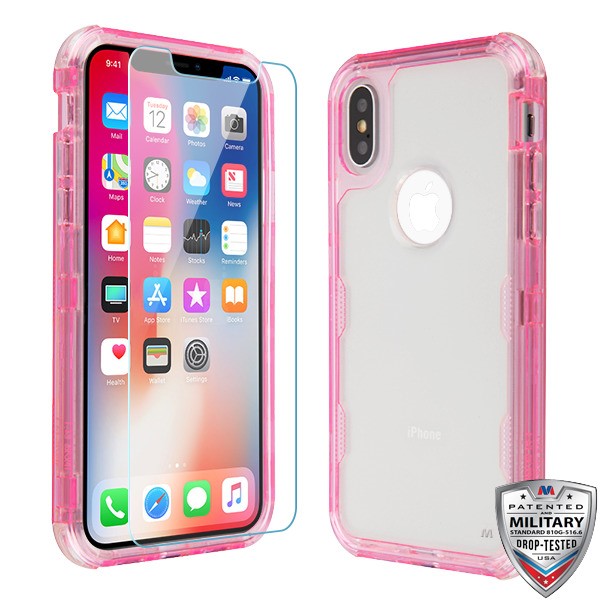 MyBat TUFF Lucid Plus Hybrid Protector Cover (Tempered Glass Screen Protector)[Military-Grade Certified] for Apple iPhone XS/X - Transparent Pink / Transparent Clear