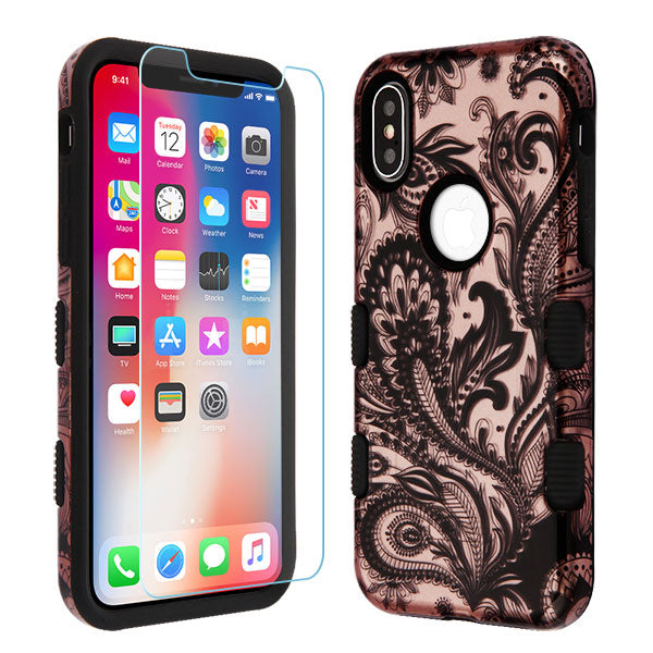 MyBat TUFF Lyte Hybrid Protector Cover (Tempered Glass Screen Protector) for Apple iPhone XS/X - Phoenix Flower (2D Rose Gold) / Black