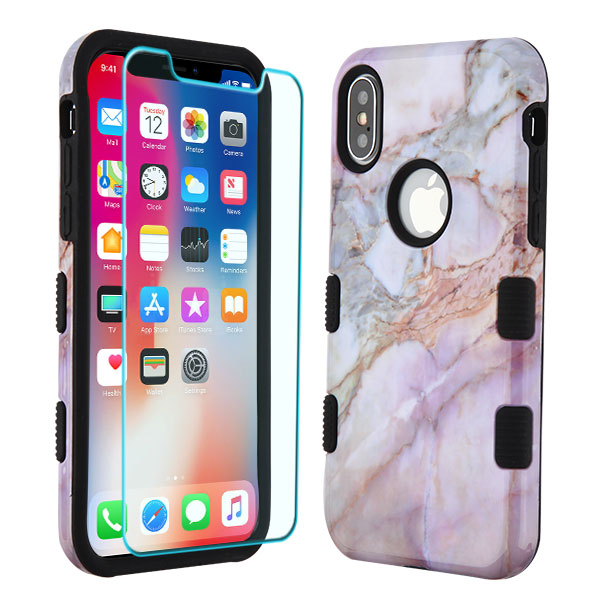 MyBat TUFF Lyte Hybrid Protector Cover (Tempered Glass Screen Protector) for Apple iPhone XS/X - Purple Marbling / Black