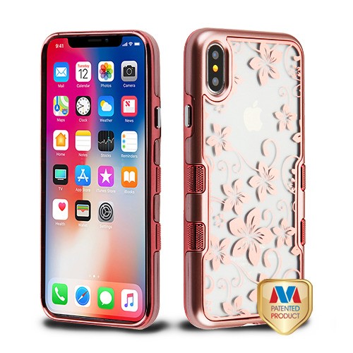 MyBat TUFF Panoview Hybrid Protector Cover for Apple iPhone XS/X - Metallic Rose Gold / Electroplating Rose Gold Hibiscus Flower (Transparent Clear)