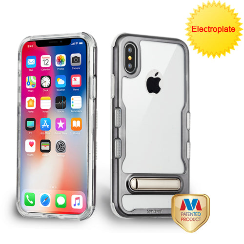 MyBat TUFF Panoview Hybrid Protector Cover (with Magnetic Metal Stand) for Apple iPhone XS/X - Electroplated Gun Metal / Transparent Clear