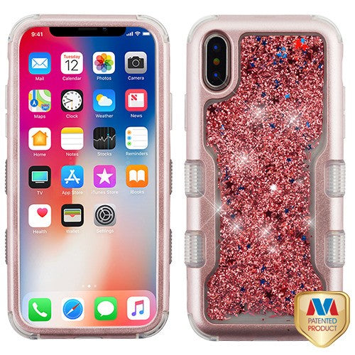 MyBat TUFF Quicksand Glitter Hybrid Protector Cover for Apple iPhone XS/X - Rose Gold / Rose Gold Sparkles Liquid Flowing