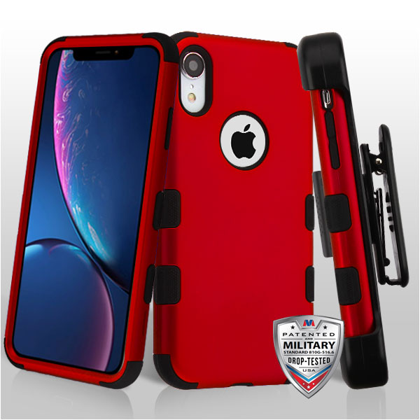 MyBat TUFF Hybrid Protector Case [Military-Grade Certified](with Black Horizontal Holster) for Apple iPhone XR - Titanium Red / Black