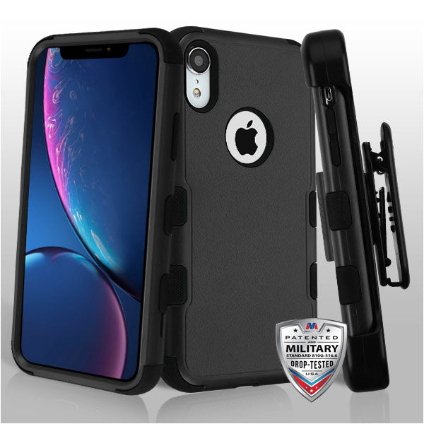 MyBat TUFF Hybrid Protector Case Combo [Military-Grade Certified](with Black Horizontal Holster) for Apple iPhone XR - Natural Black / Black