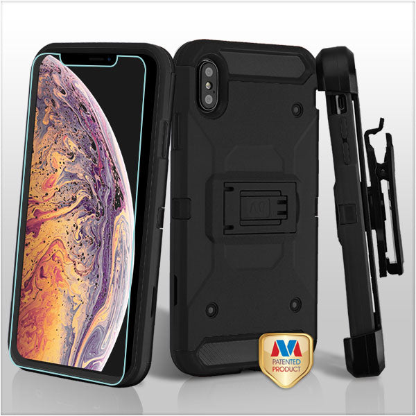 MyBat 3-in-1 Kinetic Hybrid Protector Cover Combo (with Black Holster)(Tempered Glass Screen Protector) for Apple iPhone XS Max - Black / Black