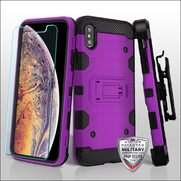 MyBat 3-in-1 Storm Tank Hybrid Protector Cover Combo (with Black Holster)(Tempered Glass Screen Protector)[Military-Grade Certified] for Apple iPhone XS Max - Purple / Black