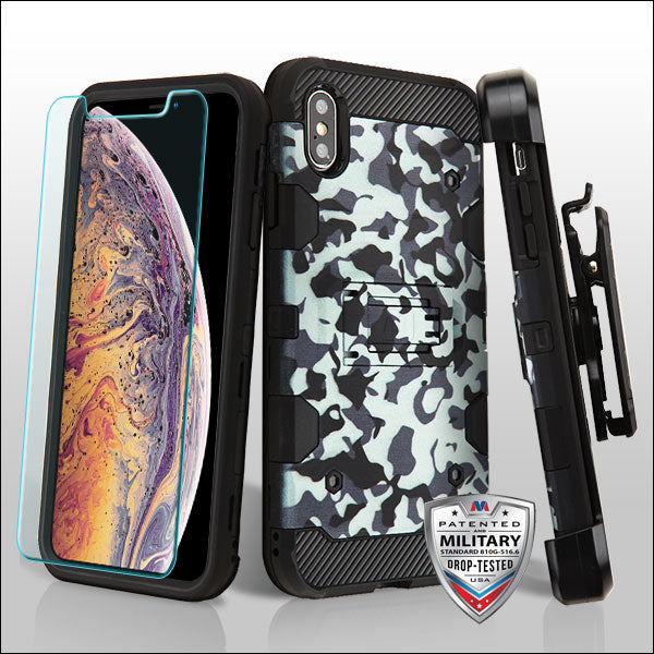 MyBat 3-in-1 Storm Tank Hybrid Protector Cover Combo (with Black Holster)(Tempered Glass Screen Protector)[Military-Grade Certified] for Apple iPhone XS Max - Urban Camouflage / Black