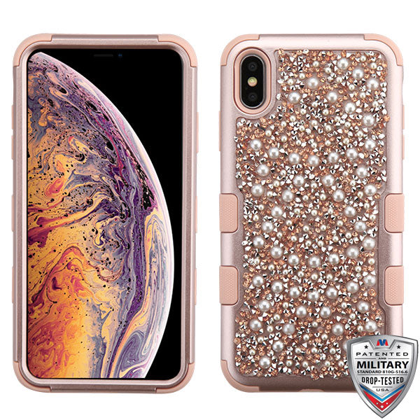 MyBat TUFF Krystal Hybrid Protector Cover [Military-Grade Certified] for Apple iPhone XS Max - Rose Gold Mini Crystals & Pearls (Rose Gold) / Rose Gold