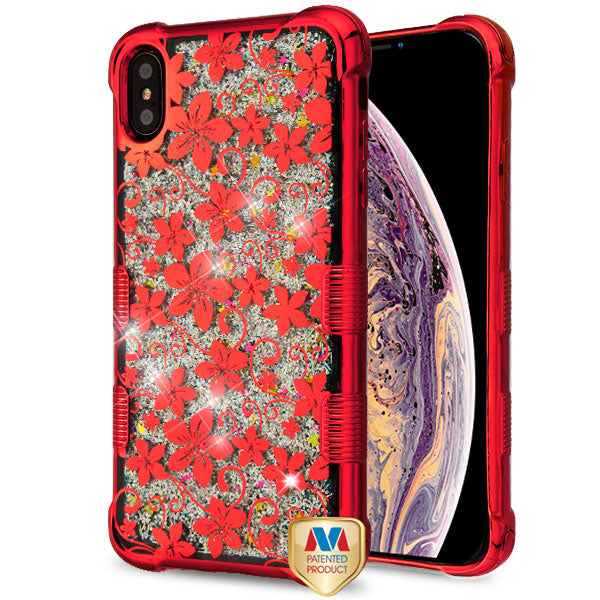 MyBat TUFF Quicksand Glitter Lite Hybrid Protector Cover for Apple iPhone XS Max - Red Electroplating / Hibiscus Flower / Silver Flowing Sparkles