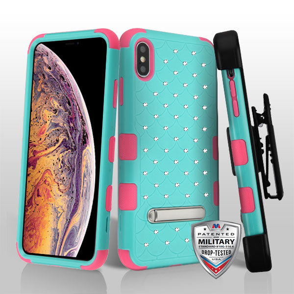 Natural Teal Green/Electric Pink FullStar TUFF Hybrid Protector Cover (with Magnetic Metal Stand)[Military-Grade Certified](with Black Horizontal Holster)