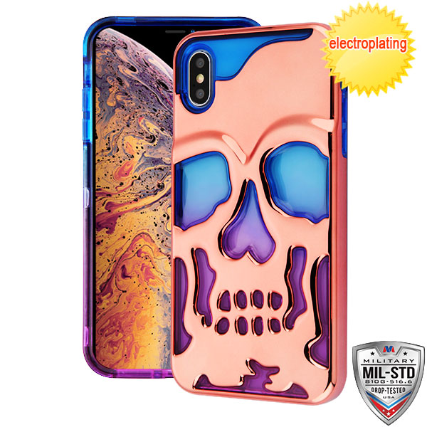 MyBat Skullcap Lucid Hybrid Protector Cover [Military-Grade Certified] for Apple iPhone XS Max - Rose Gold Plating / Blue / Purple