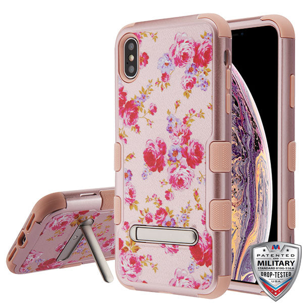 MyBat TUFF Series Case (with Magnetic Metal Stand) for Apple iPhone XS Max - Vintage Rose Bush Textured Rose Gold / Rose Gold