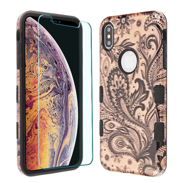 MyBat TUFF Lyte Hybrid Protector Cover (Tempered Glass Screen Protector) for Apple iPhone XS Max - Phoenix Flower (2D Rose Gold) / Black