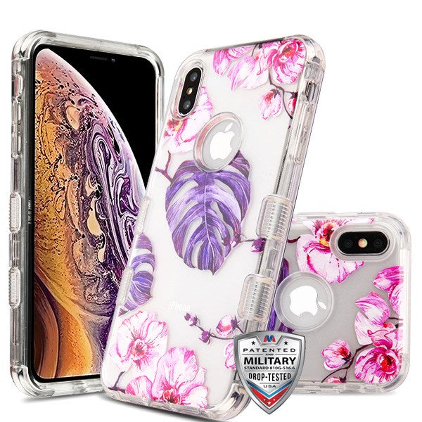 MyBat TUFF Lucid Hybrid Protector Cover [Military-Grade Certified] for Apple iPhone XS Max - Transparent Clear / Violet Monstera