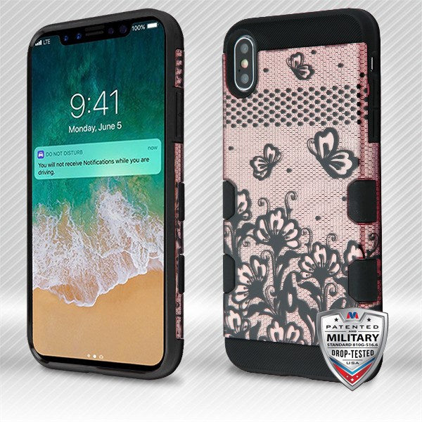 MyBat TUFF Trooper Hybrid Protector Cover [Military-Grade Certified] for Apple iPhone XS Max - Black Lace Flowers (2D Rose Gold) / Black