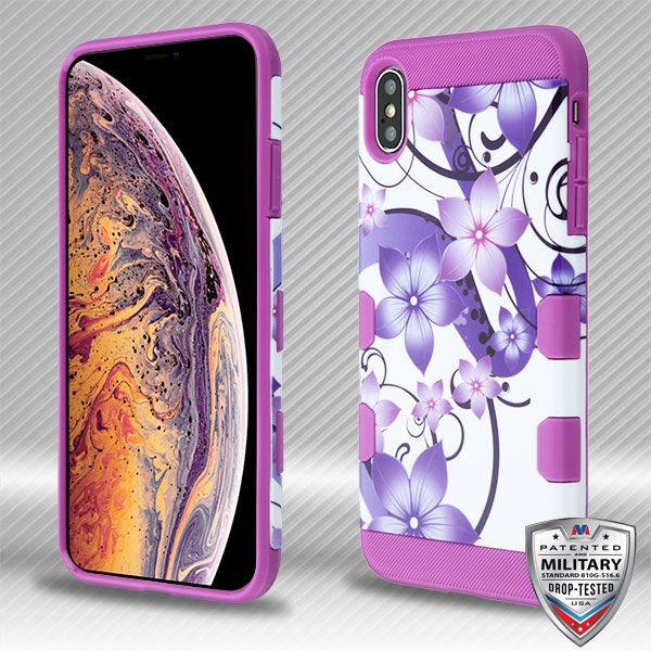 MyBat TUFF Trooper Hybrid Protector Cover [Military-Grade Certified] for Apple iPhone XS Max - Purple Hibiscus Flower Romance / Electric Purple