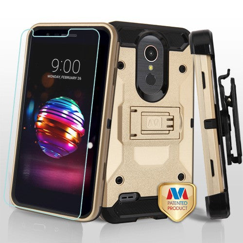 MyBat 3-in-1 Kinetic Hybrid Protector Cover Combo (with Black Holster)(Tempered Glass Screen Protector) for LG L413DL (Premier Pro)/K30 / Harmony 2 - Gold / Black