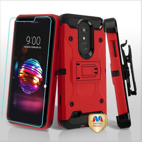 MyBat 3-in-1 Kinetic Hybrid Protector Cover Combo (with Black Holster)(Tempered Glass Screen Protector) for LG K30/Harmony 2 / Phoenix Plus - Red / Black