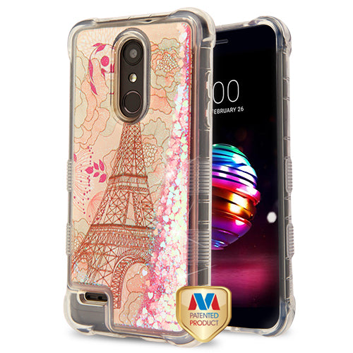 MyBat TUFF Quicksand Glitter Lite Hybrid Protector Cover for LG K10 (2018)/K30 / Harmony 2 - Eiffel Tower / Pink Hearts