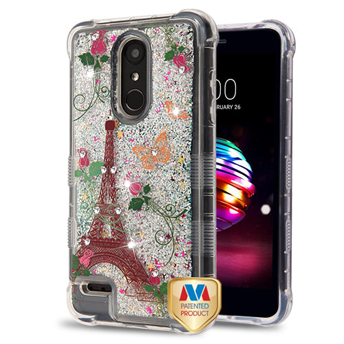 MyBat TUFF Quicksand Glitter Lite Hybrid Protector Cover (with Diamonds) for LG K10 (2018)/K30 / Harmony 2 - Paris Monarch Butterflies / Silver Flowing Sparkles
