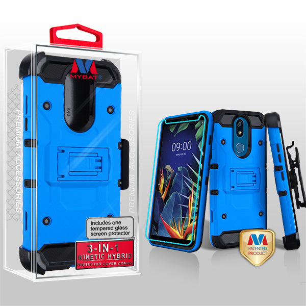 MyBat 3-in-1 Kinetic Hybrid Protector Cover Combo (with Black Holster)(Tempered Glass Screen Protector) for LG K40 / Harmony 3 - Blue / Black
