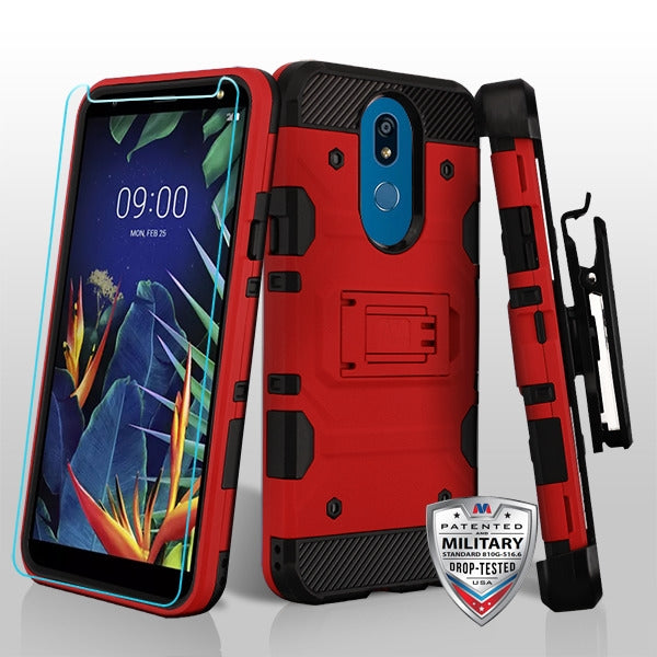 MyBat 3-in-1 Storm Tank Hybrid Protector Cover Combo (with Black Holster)(Tempered Glass Screen Protector)[Military-Grade Certified] for LG K40 / Harmony 3 - Red / Black