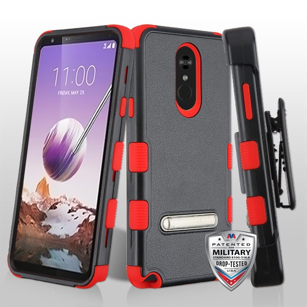 MyBat TUFF Hybrid Protector Case [Military-Grade Certified](with Black Horizontal Holster) for LG Stylo 5 - Natural Black / Red